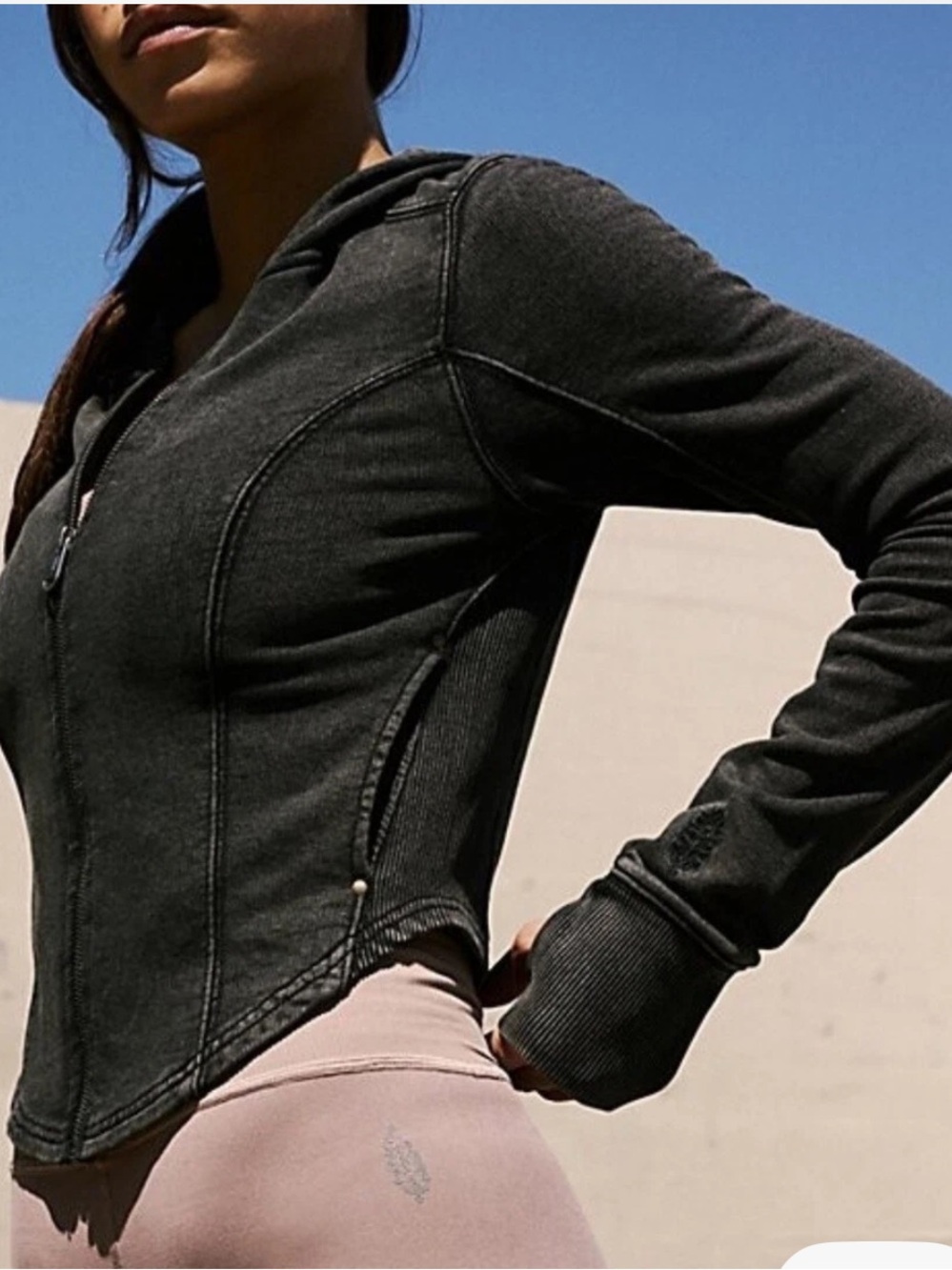 Free People FP Movement Sahara Zip Up Hoodie Cropped Distressed Gray/ Black SM